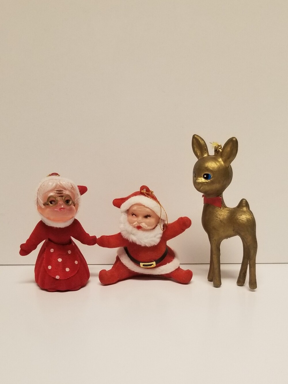 3 Vintage Christmas Ornaments Flocked Mrs & Mr. Santa Claus, Metallic Reindeer